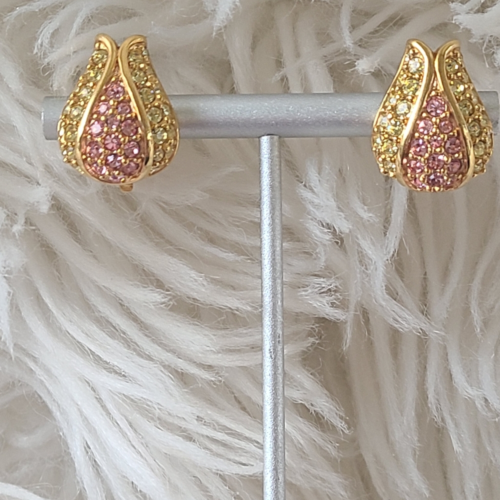 Rare Vintage Swarovski Clip-on Earings Pink/Yellow Crystal- Excellent Condition